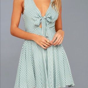 Green Gingham Dress Tie Front Skater Dress